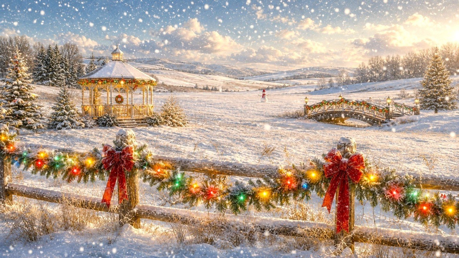 A snowy country meadow with a decorated gazebo and bridge in the background, a distant snowman wearing a beanie, and a foreground fence wrapped in green garland, nostalgic colorful Christmas lights, and red ribbon.